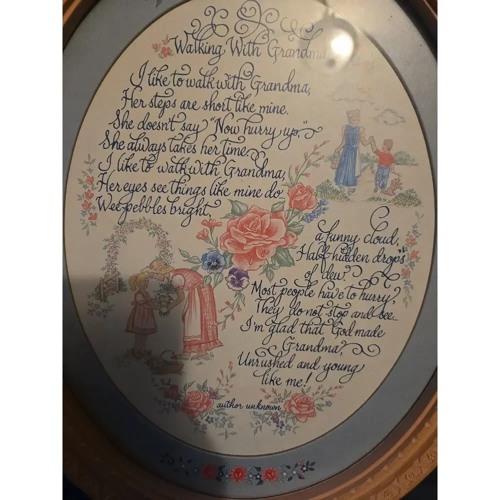 Vintage~ Homco “Walking With Grandma” Poem Oval Framed Wall Hanging~13